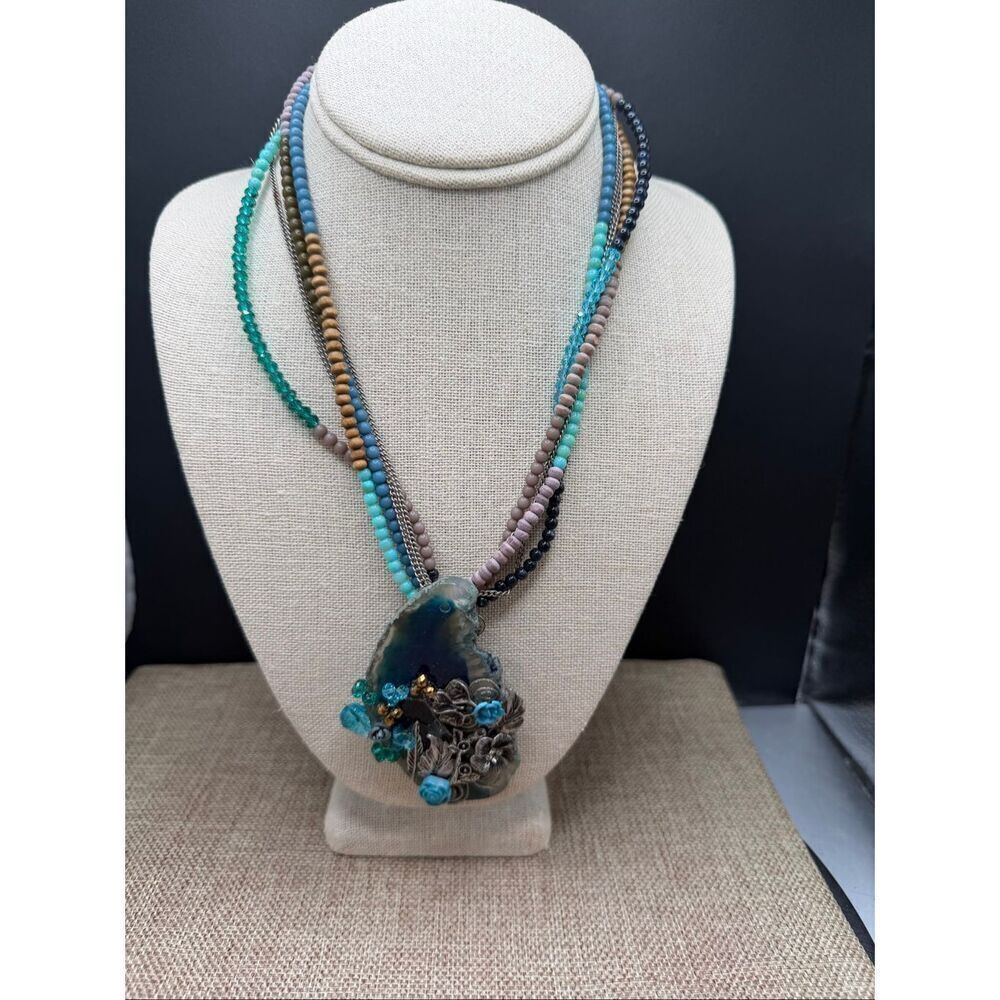 Murano Glass Statement Necklace Multicolor Beads & Floral Pendant Ann Primrose C